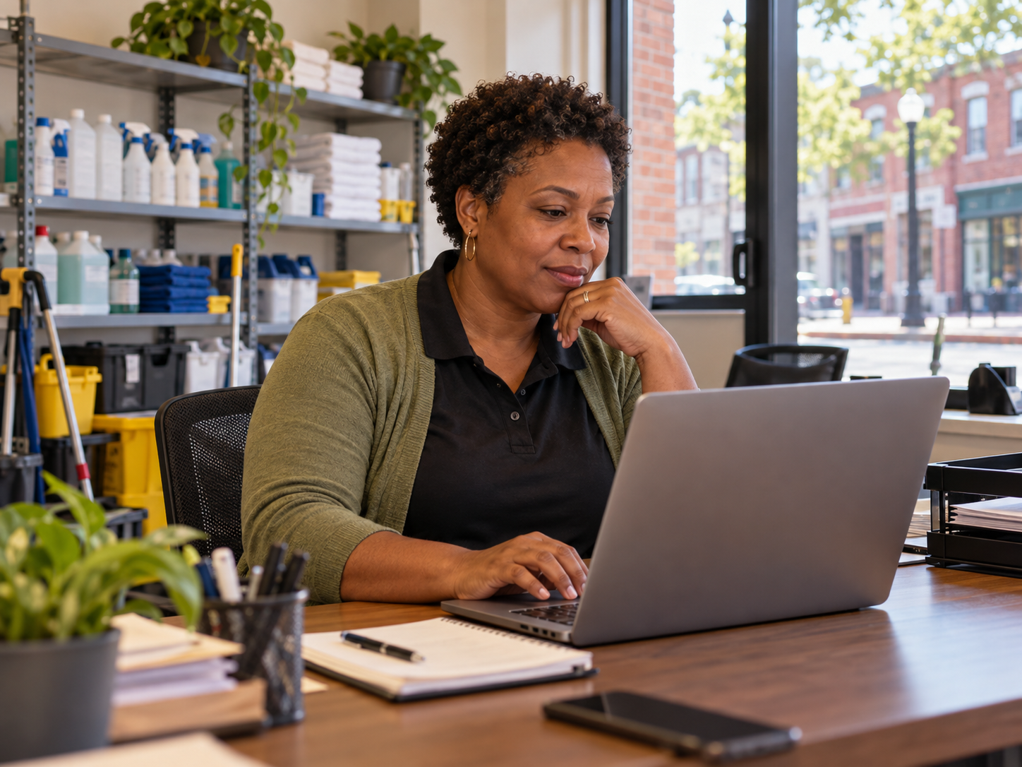 Illustrative AI-generated image: Owner of a fictional locally owned service business considering opportunities at her laptop