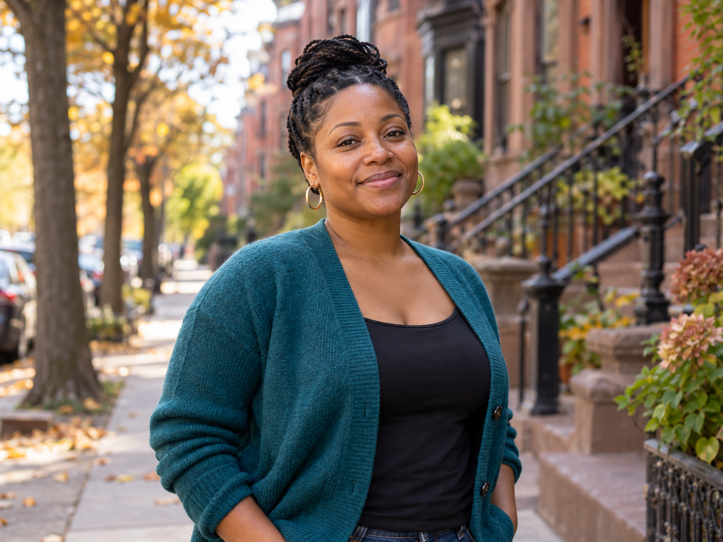 Illustrative AI-generated image: Danielle, a fictional resident illustrated on a brownstone sidewalk