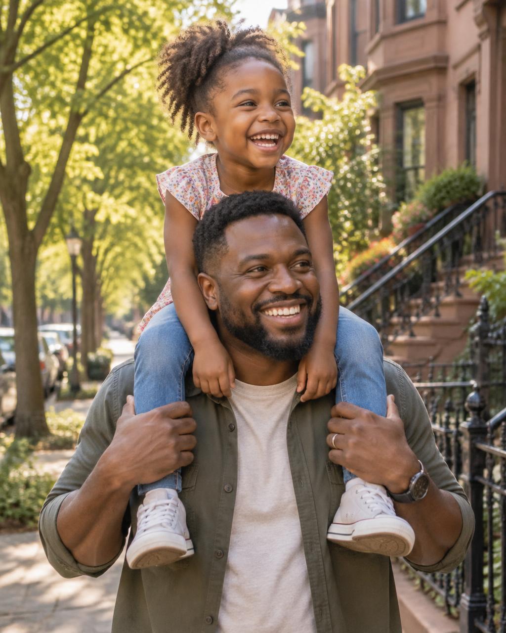 Illustrative AI-generated image: Father carrying his smiling daughter on a brownstone sidewalk