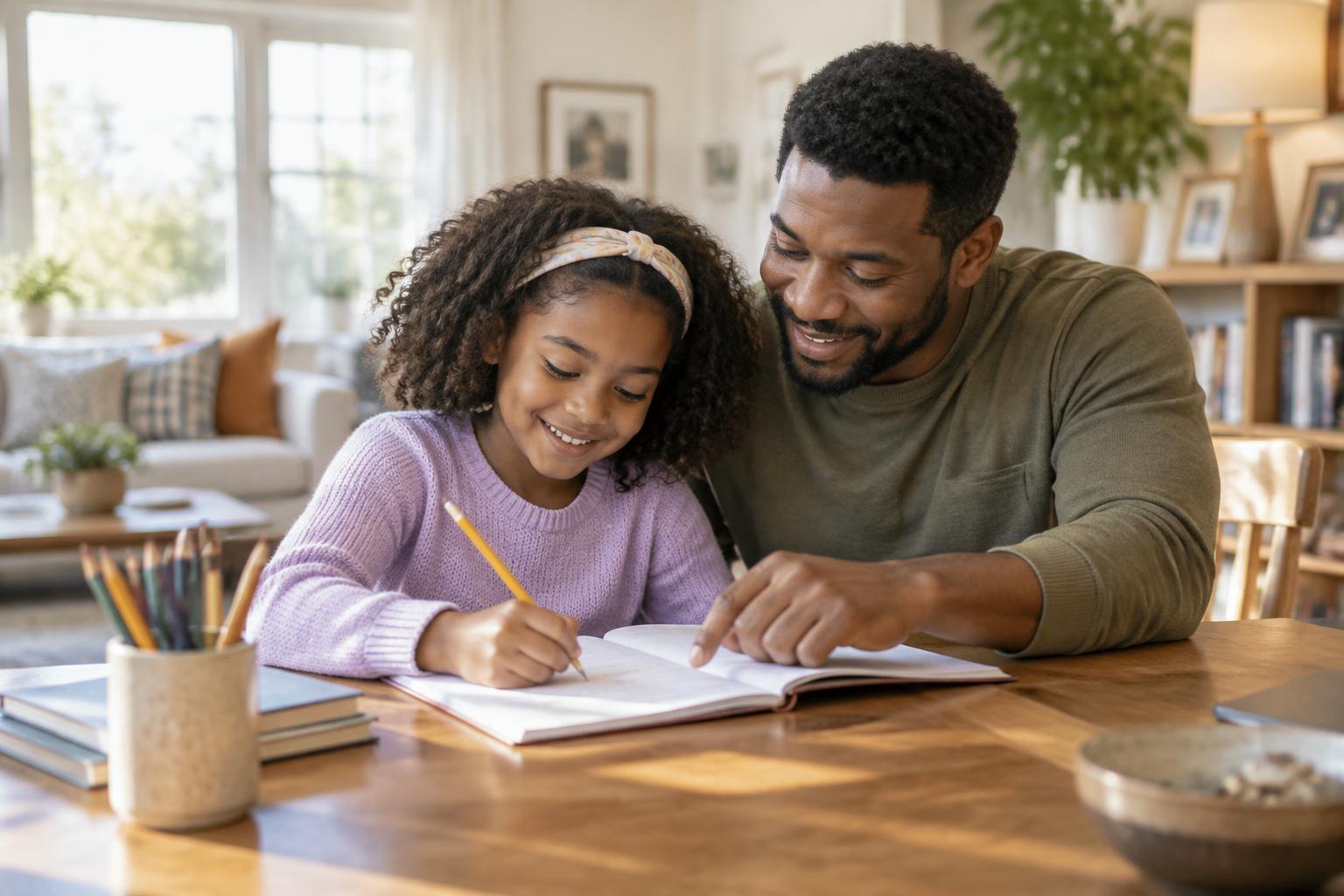Illustrative AI-generated image: Caring father supporting his daughter with schoolwork at home