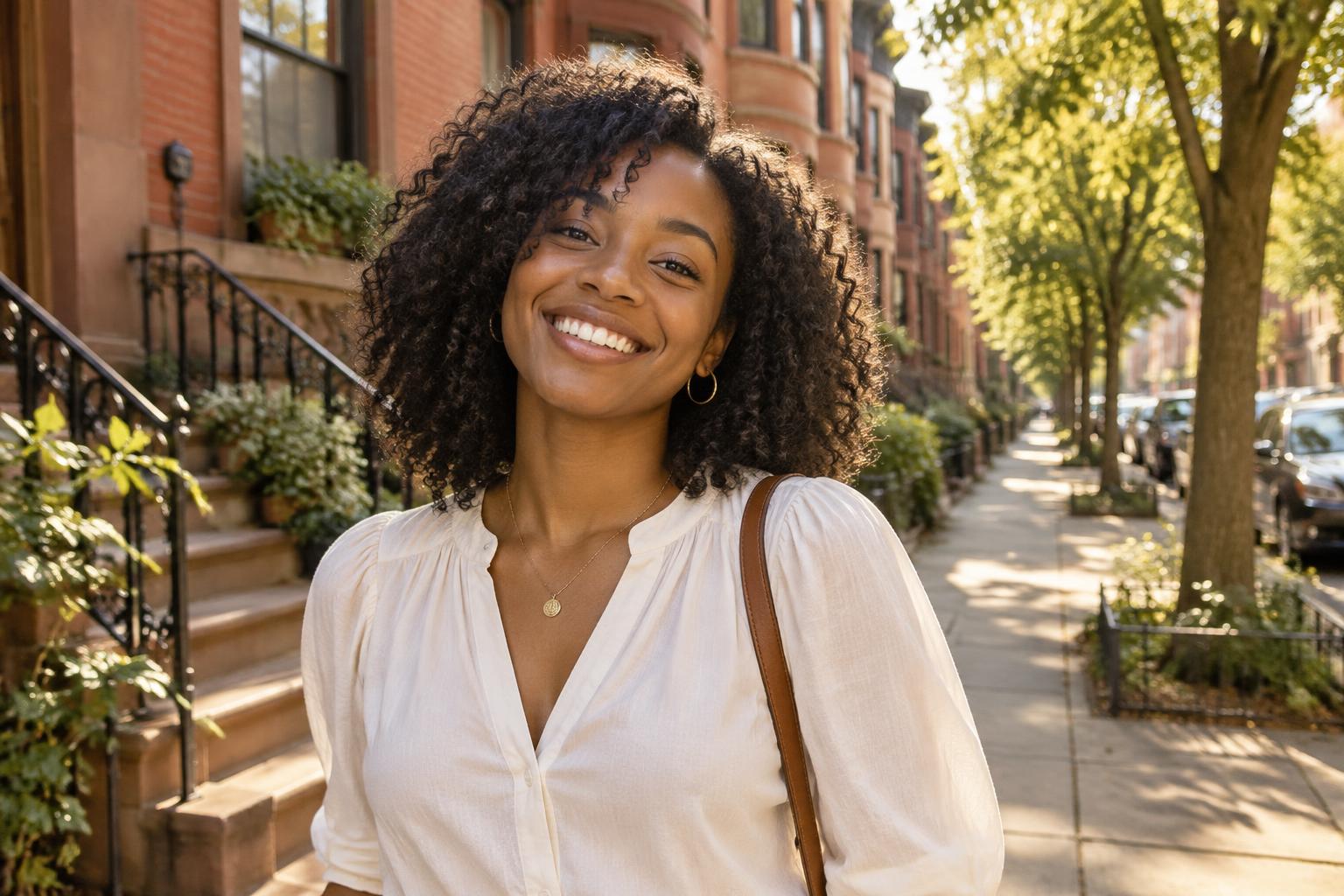 Illustrative AI-generated image: Young woman smiling on a sunlit neighborhood sidewalk