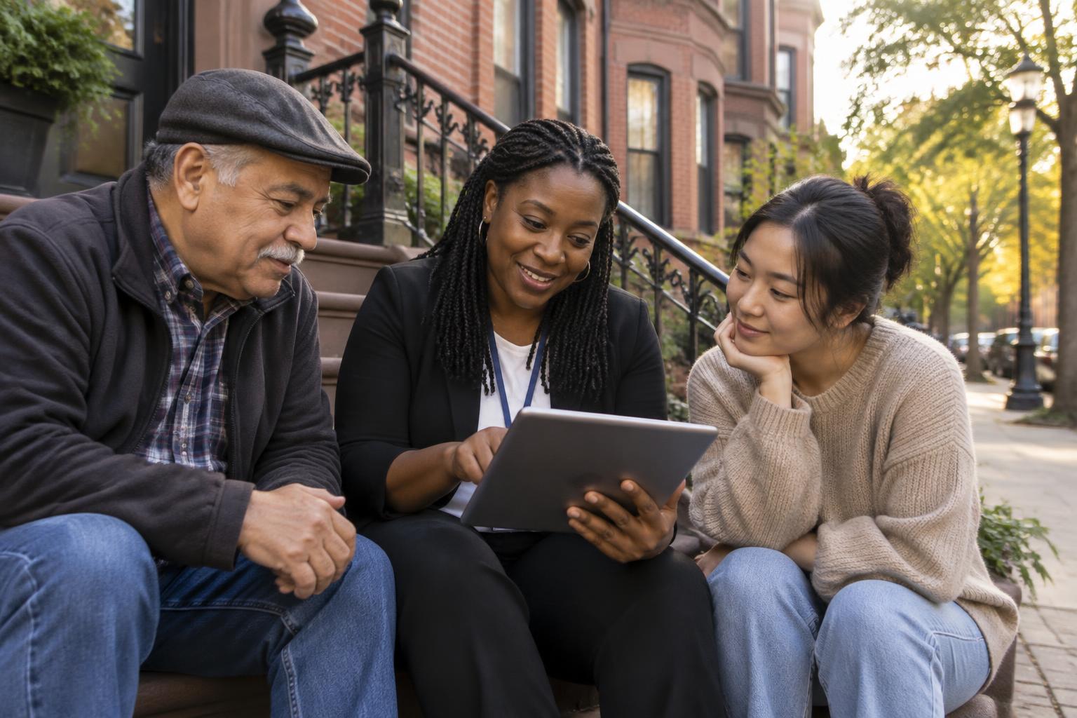 Illustrative AI-generated image: a community navigator and two neighbors talk through options together on brownstone steps, looking at a tablet